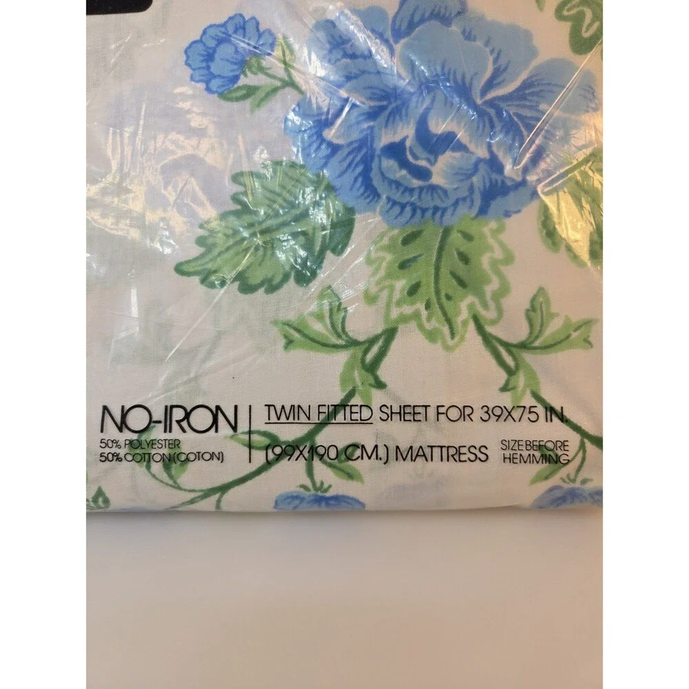 Lady Pepperell Vintage Twin Fitted Sheet Blue Flowers on White NEW Old Stock